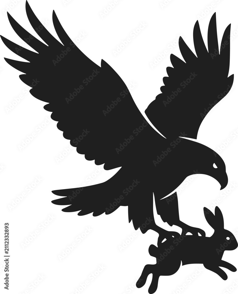 Fototapeta premium Hunting Eagle Silhouette Catching a Rabbit with Wings Spread Wide Vector Graphic Element