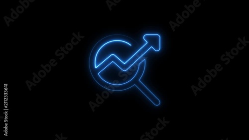 Glowing neon magnifying search icon on glowing neon business graphs and financial growth and profit through data analysis and graph sign animation