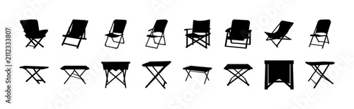 Flat pack folding chairs and tables set illustration - Minimalist black and white flat pack furniture illustration showing chairs and tables in various folding states for design or retail use.