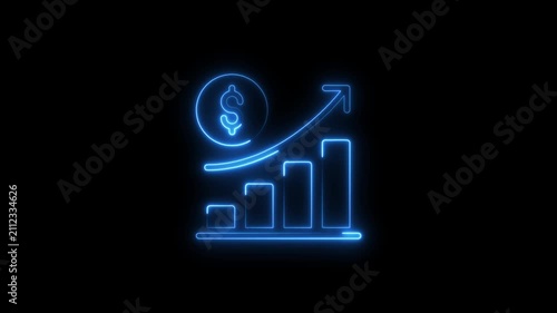  Neon line of Dollar sign with up arrow icon on black background. Abstract neon line business graph animation.
