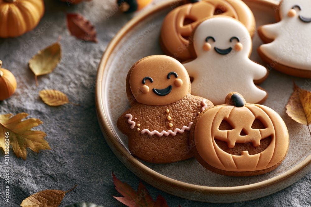 Fototapeta premium Colorful Homemade Halloween Cookies on White Wooden Background Festive Sweet Treats