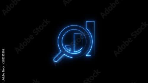 Glowing neon magnifying search icon on glowing neon business graphs and financial growth and profit through data analysis and graph sign animation