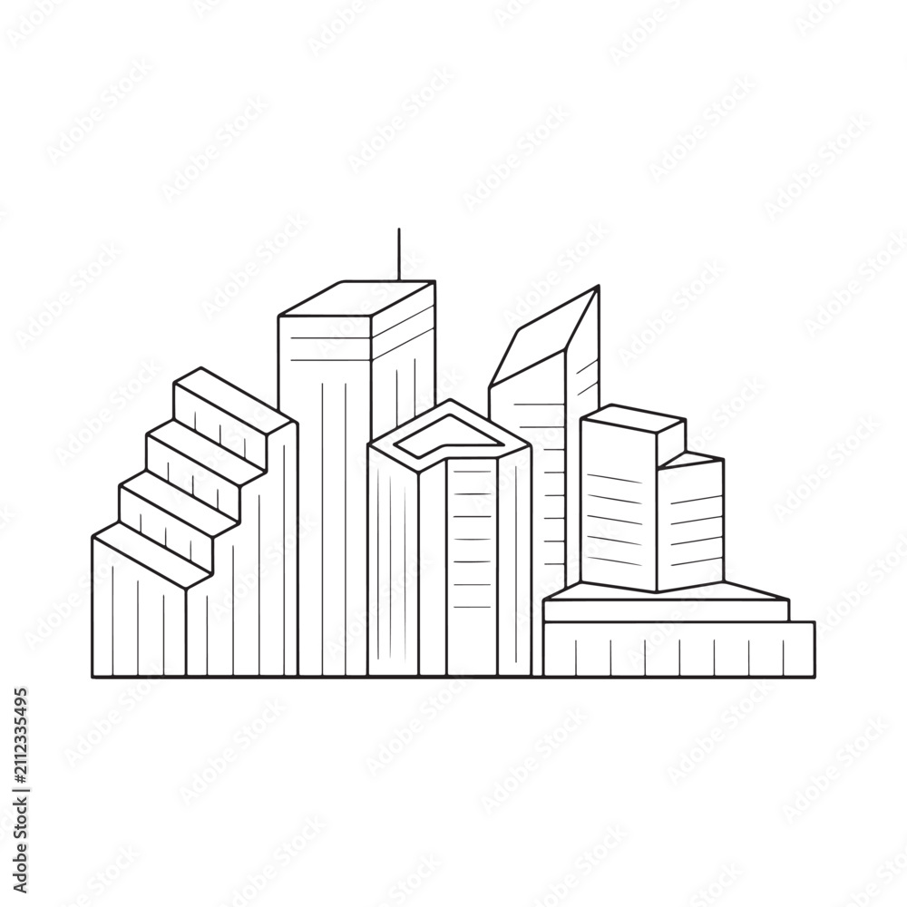Fototapeta premium City Skyline Illustration Black Line Art On White Background