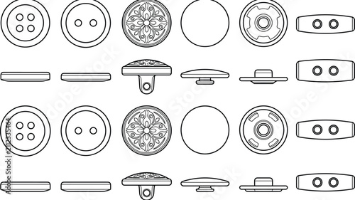 Technical Line Art Collection of Sewing Buttons and Garment Fastener Accessories Set