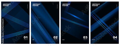 Modern blue abstract poster templates set featuring geometric linear elements for corporate branding design projects