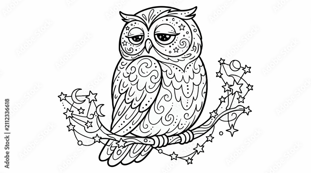 Fototapeta premium Black and White Coloring Page of a Sleepy Galaxy Owl with Celestial Elements, Stars, and Moons on a Branch, Vector Illustration