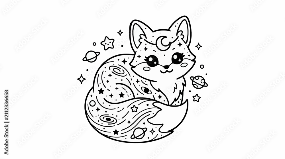 Fototapeta premium Cute Kawaii Style Nebula Fox Vector Illustration, Adorable Cosmic Animal with Stars, Planets, and Crescent Moon Details, Black and White Line Art Graphic