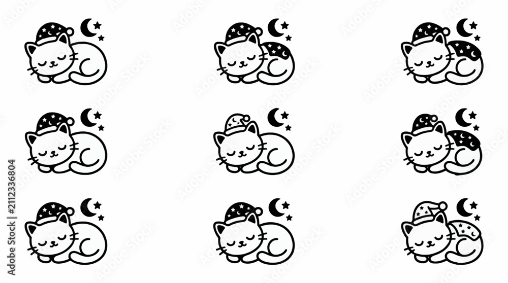 Obraz premium Vector Icon Sheet of Nine Cute Sleeping Cats Wearing Starry Nightcaps with Moon and Stars, Black and White Flat Illustration for Good Night or Sweet Dreams Concept