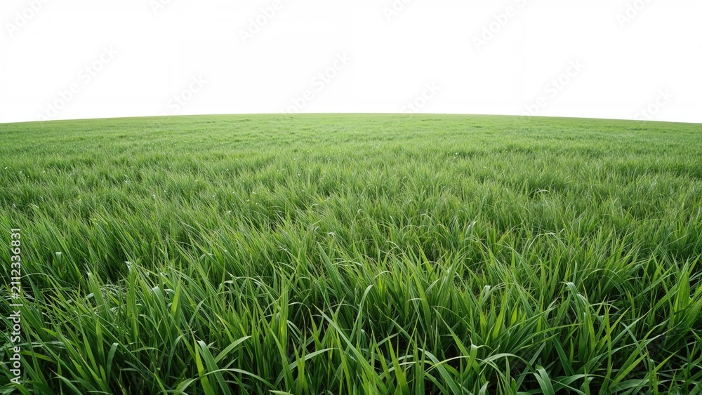 Fototapeta premium Lush green grass field stretching to the horizon under a white sky.