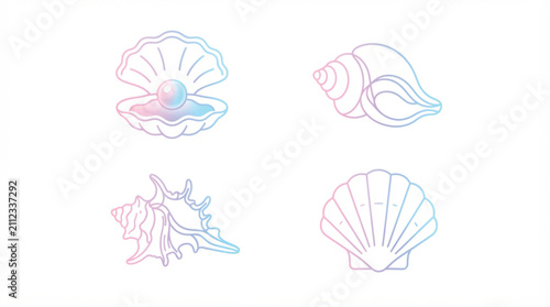 Holographic continuous line art seashell vector set with oyster pearl and scallop icons