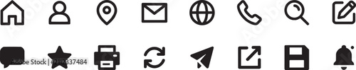 Isolated Minimalist web icons set, black outline interface symbols for website navigation, 18 essential UI vector elements for business and mobile apps ,Clean grouped each Icon
