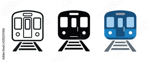 Modern subway train front view icons illustrating metro transport, railway transit, commuter rail, public transportation, and urban mobility symbols in outline, solid, and blue flat vector styles for 