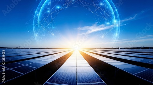広大な青空の下 輝く太陽光発電パネル群と未来的な地球ネットワークの幻想的な光景