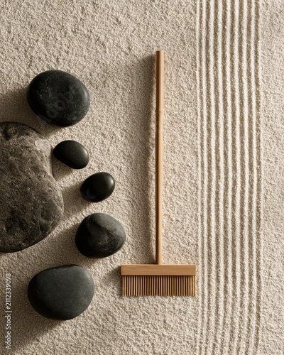 Zen garden sand rake and stones. Japanese meditation landscape with raked gravel patterns.