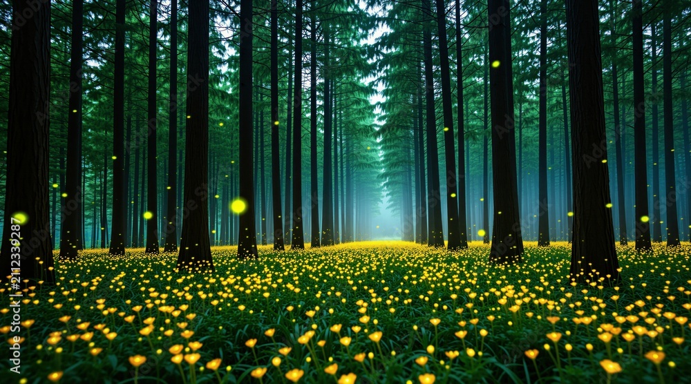 Obraz premium Magic dark forest at night with bright yellow flowers on ground. Glowing fireflies float between tall pine trees in misty atmosphere. Enchanted woods landscape features golden lights illumination.