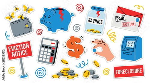 Set of financial crisis stickers showing broken piggy bank, eviction notice, calculator, and debt, perfect for economic hardship presentation
