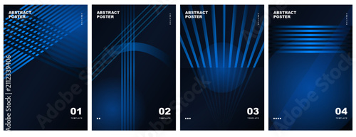 Modern abstract poster set featuring minimalist geometric blue line patterns on dark gradient backgrounds with corporate