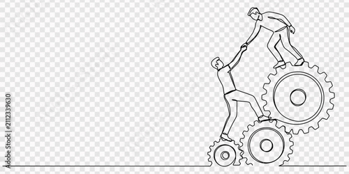 Foto Continuous line drawing of two people working together turning gears vector, Single one line drawing two young businessmen helping each other to go up to pile of cogs