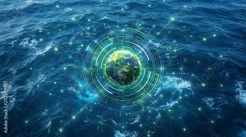 地球を包む青い海洋のネットワークと光り輝く技術の抽象的表現