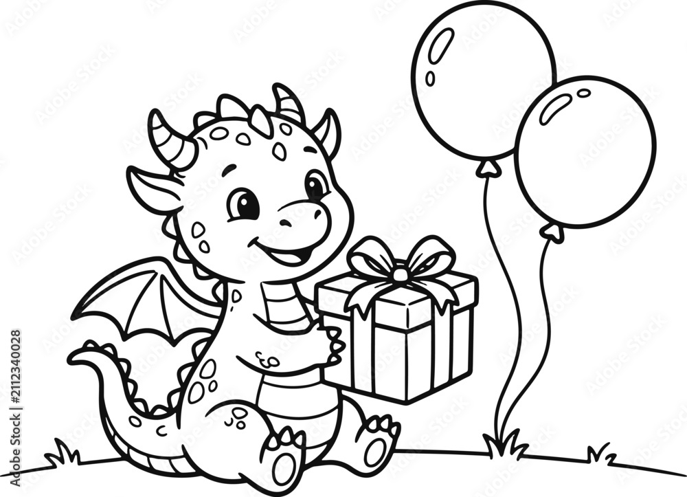 Fototapeta premium Cute baby dragon holding a gift with party balloons isolated on white background, illustration