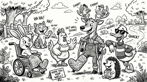 Obraz na płótnie Black and white cartoon animals get well soon scene, funny forest creatures with
