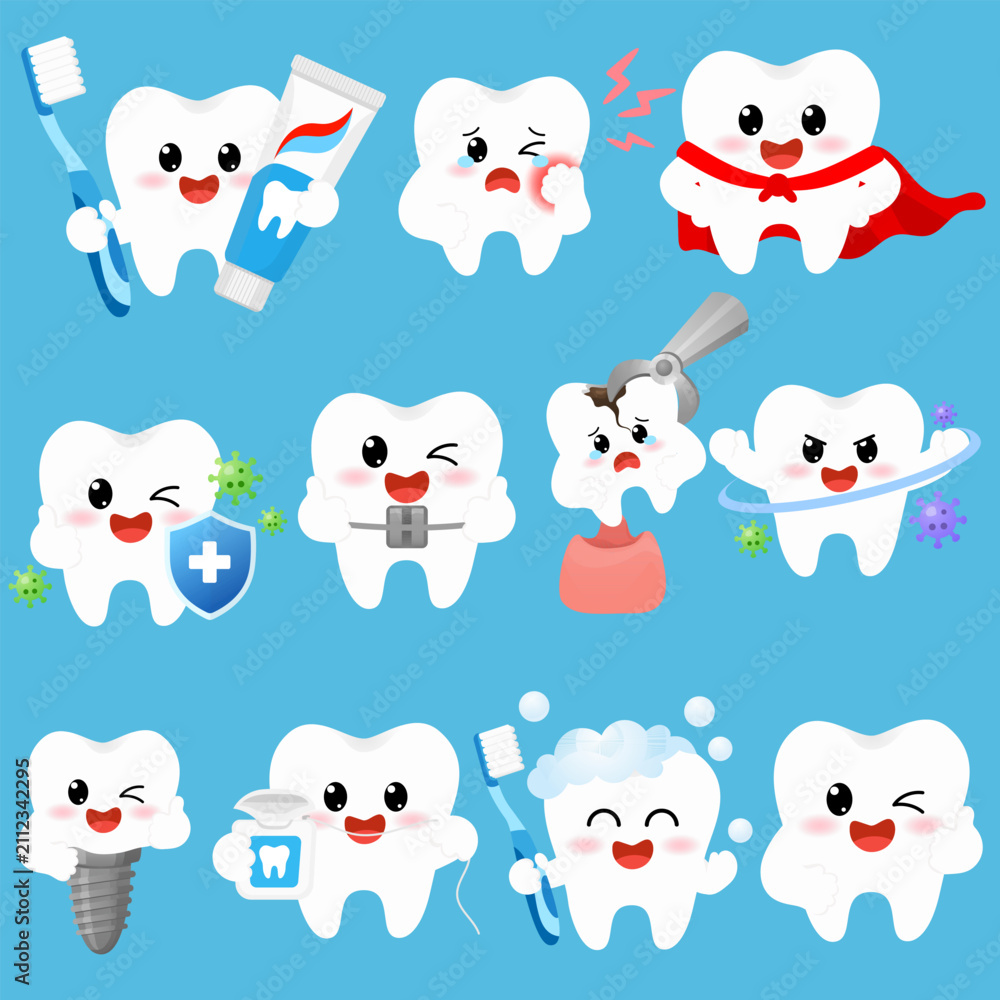 Naklejka premium Healthy and Unhealthy Teeth Character Set Dental Care Concept