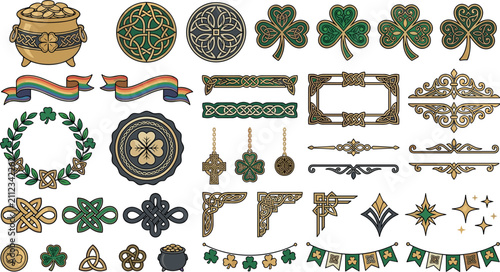 Foto Saint Patricks Day celtic ornament vector elements set featuring gold cauldron s