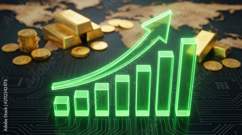 Financial market growth. Gold bars with upward growing price chart.