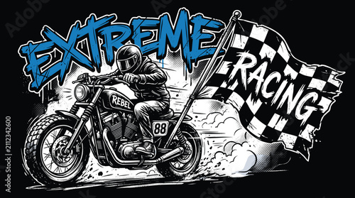 Foto Extreme racing motorcycle vector illustration, biker riding custom chopper with
