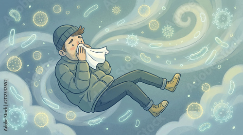 man in autumn clothes wiping nose. bacterias and viruses floating in the air.