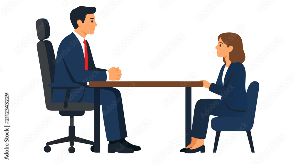 Obraz premium Power Imbalance in Corporate Meeting: Businessman on Elevated Chair Dominates Conversation with Seated Businesswoman at Table