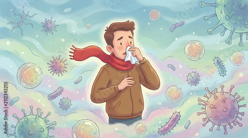 Man in fall clothes wiping nose among flying viruses. Pollen and bacteria attack