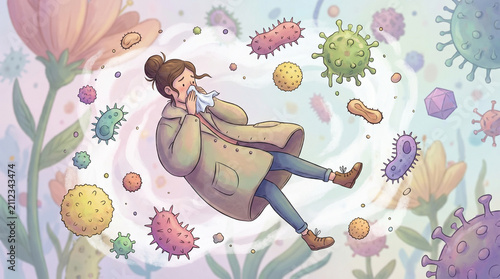 Floating woman catching cold. Flying pollen and bacteria in the air.