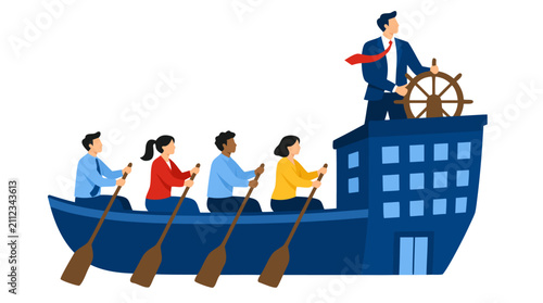 A confident business leader in a suit steers a team of diverse coworkers rowing a boat designed like a modern office building, illustrating corporate leadership, teamwork, and strategic direction in