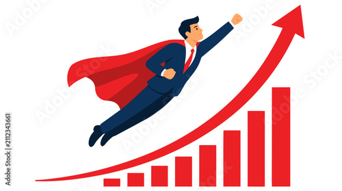 A businessman dressed as a superhero with a red cape flies upward along a large red exponential growth arrow chart, symbolizing financial success, stock market gains, and business achievement in a