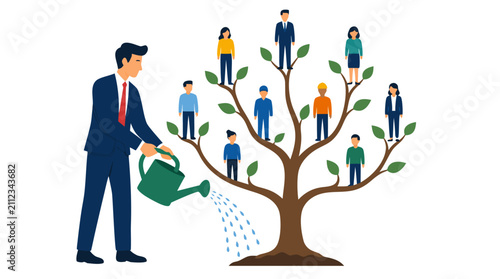 A professional businessman in a suit watering a growing tree whose branches are populated by small worker figures, symbolizing team development, leadership nurturing, and corporate growth strategy.