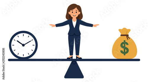 Businesswoman balancing time and money on a seesaw, representing work-life balance, financial management, corporate strategy, productivity, and success in a professional vector illustration design.