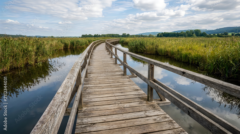 Fototapeta premium Wooden boardwalk path through green marshy wetlands with railings
