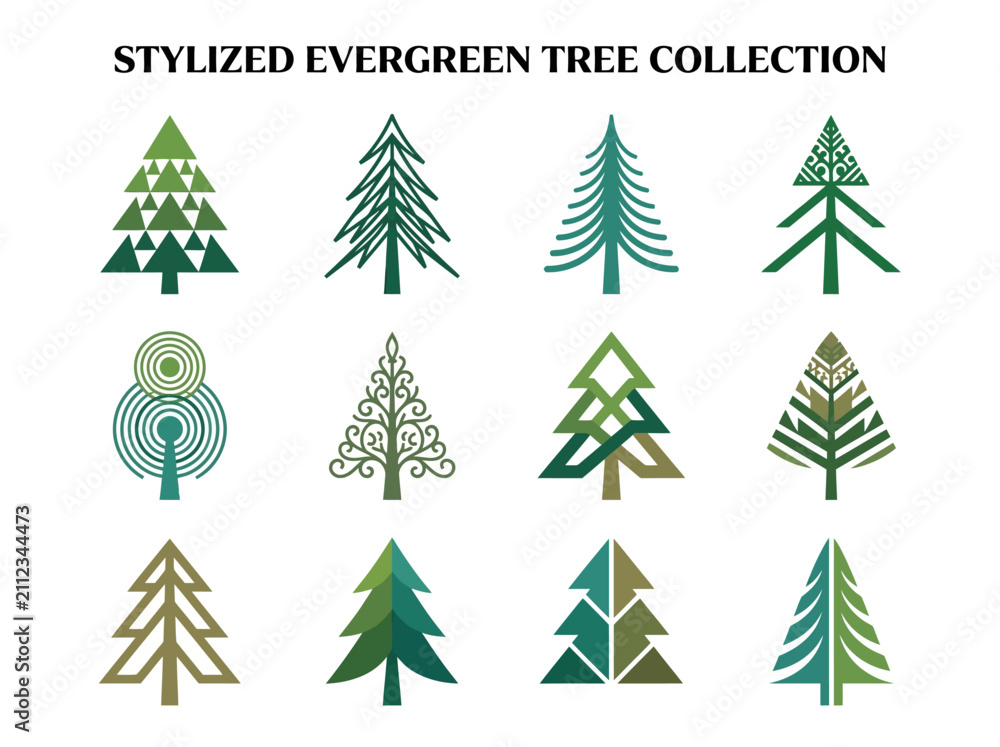 Obraz premium Stylized evergreen tree collection: diverse vector symbols with geometric and abstract conifer designs for nature-themed graphics.
