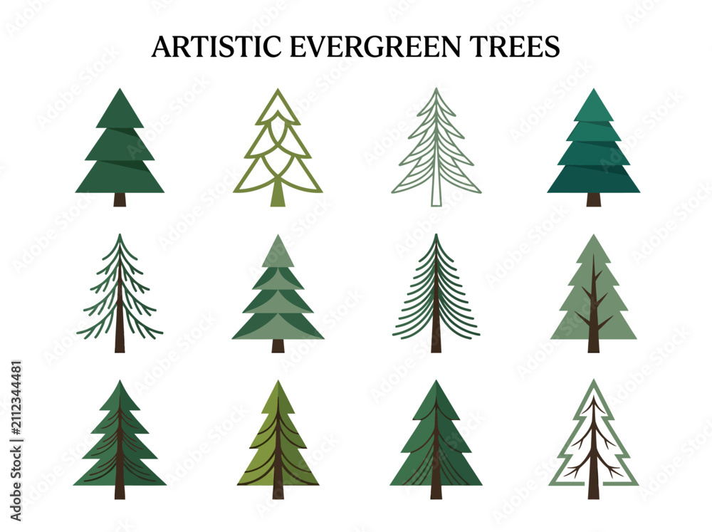 Obraz premium Creative vector set of evergreen trees, diverse artistic illustrations suitable for forest landscapes, nature designs, and seasonal decor.