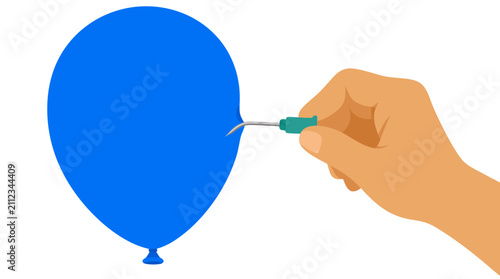 Resilient blue balloon bends needle instead of popping, bold flat illustration of strength and durability against pressure and adversity