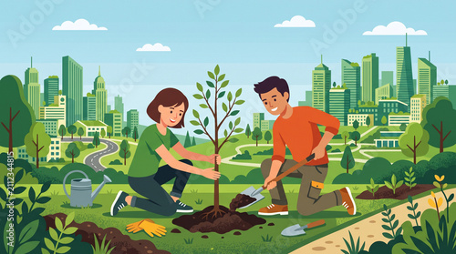Saving the planet concept. Man and woman planting a tree together.