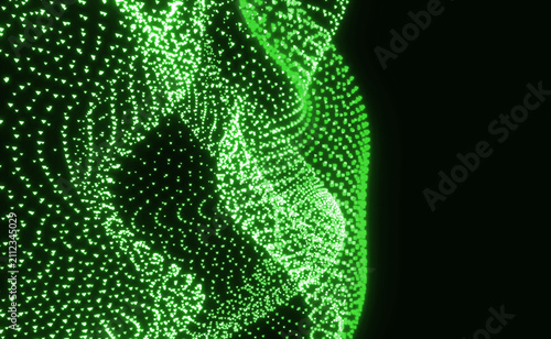 Colorful particle mesh wave abstract background. Vibrant green digital particle grid ocean texture.