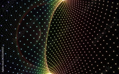 Colorful particle mesh wave abstract background. Vibrant digital particle grid ocean texture.