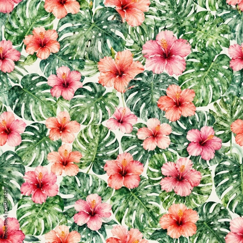 Omnidirectional Seamless Pattern of Watercolor Tropical Hibiscus