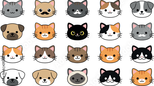 Konstfotografi Cute Cat and Dog Face Icon Set with Different Breeds and Colors for Pet Lover, K
