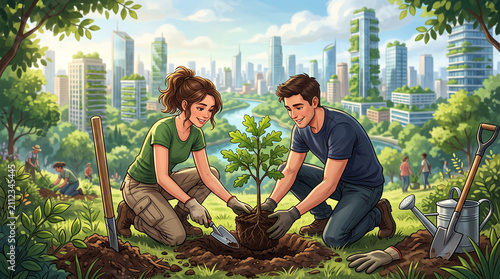 Man and woman planting a tree together. Earth day conservation concept.