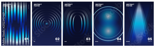Set five abstract geometric poster templates featuring modern blue gradient light patterns for digital graphic design