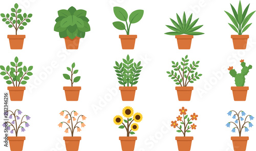 Bild auf Leinwand Potted plants and flowers vector set featuring terracotta clay pots with indoor