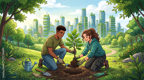 Environmental conservation concept. Man and woman plant a tree for the future.